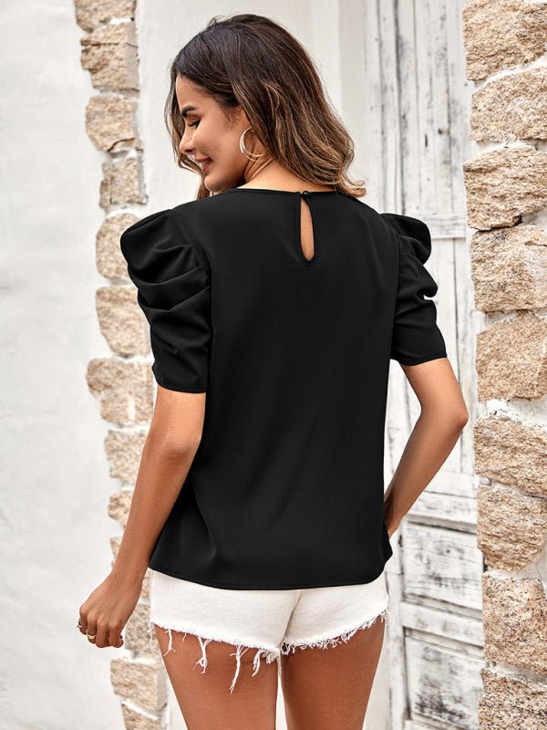 New solid color puff sleeve V - neck slim top - Top